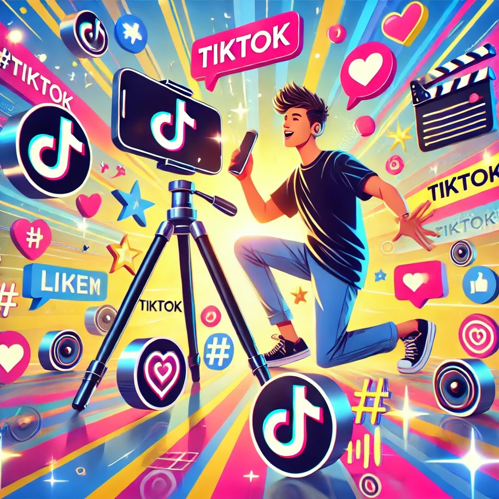 DALL·E 2024 09 29 18.14.57 A Dynamic TikTok Creator Recording A Video With A Smartphone On A Tripod. The Creator Is Actively Engaging With The Audience Surrounded By Bright And