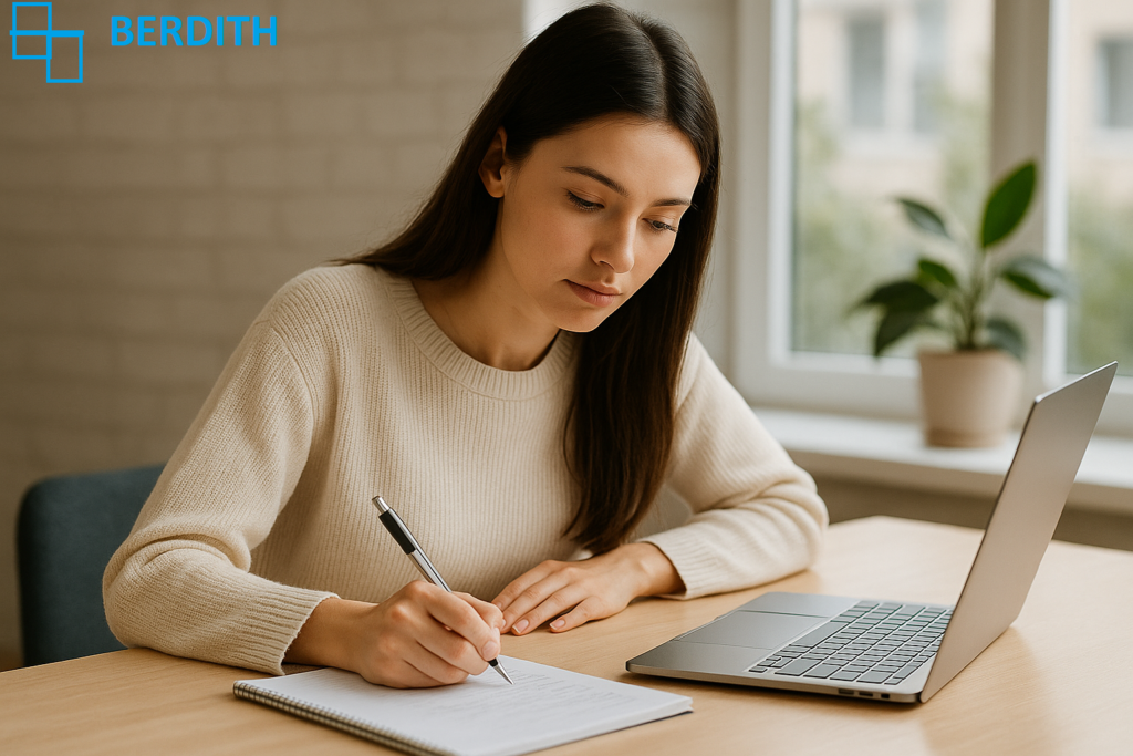 Une jeune femme concentrée prend des notes devant son ordinateur portable dans un espace de travail lumineux, illustrant l’apprentissage et la recherche de connaissance à l’ère numérique.